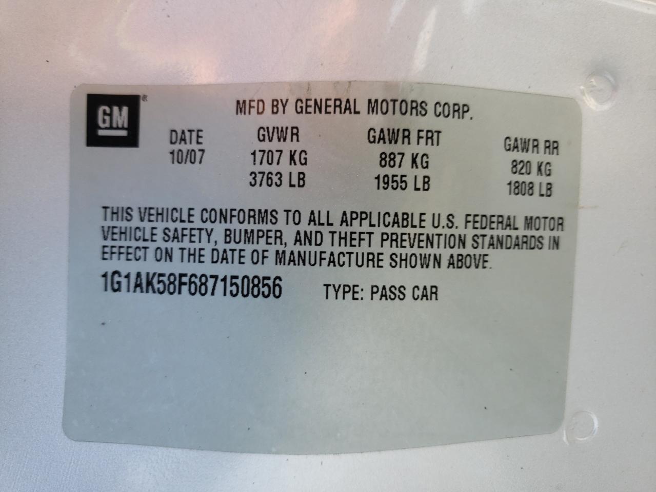 Photo 10 from auction – 2008 CHEVROLET COBALT LS with VIN 1G1AK58F687150856