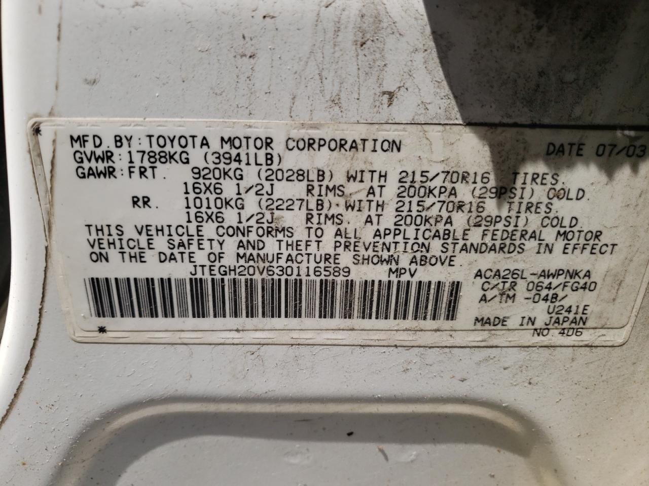 Photo 10 from auction – 2003 TOYOTA RAV4 with VIN JTEGH20V630116589