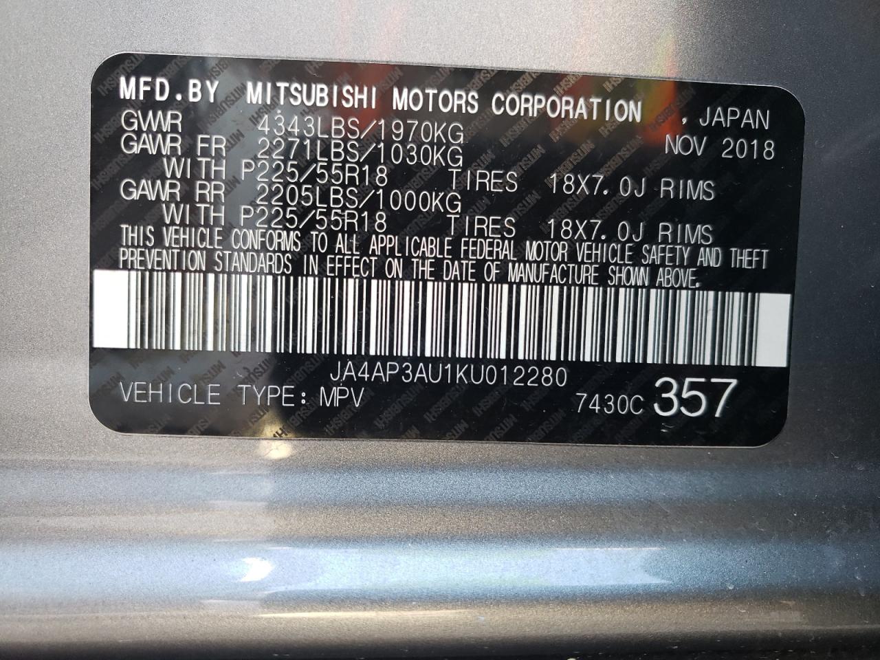 Photo 10 from auction – 2019 MITSUBISHI OUTLANDER with VIN JA4AP3AU1KU012280