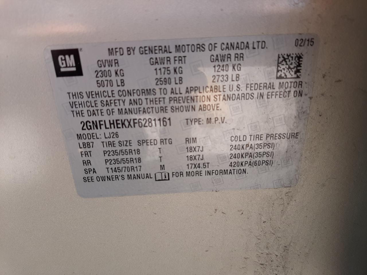 Photo 10 from auction – 2015 CHEVROLET EQUINOX with VIN 2GNFLHEKXF6281161