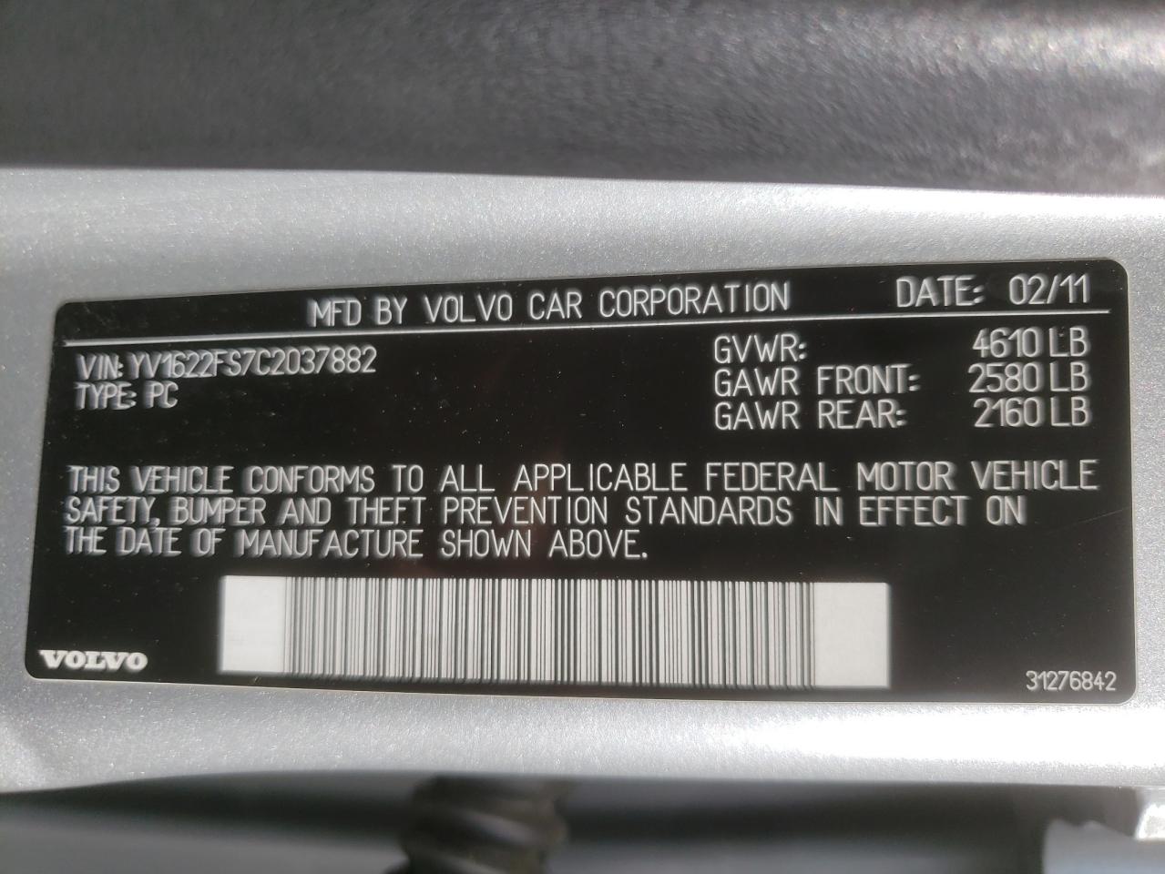 Photo 10 from auction – 2012 VOLVO S60 T5 with VIN YV1622FS7C2037882