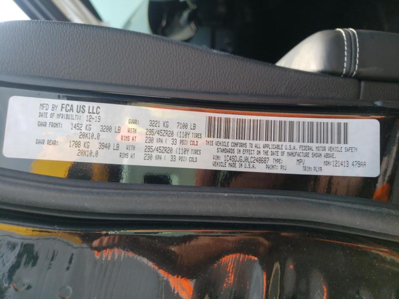 Photo 10 from auction – 2020 DODGE DURANGO SR with VIN 1C4SDJGJ0LC248687