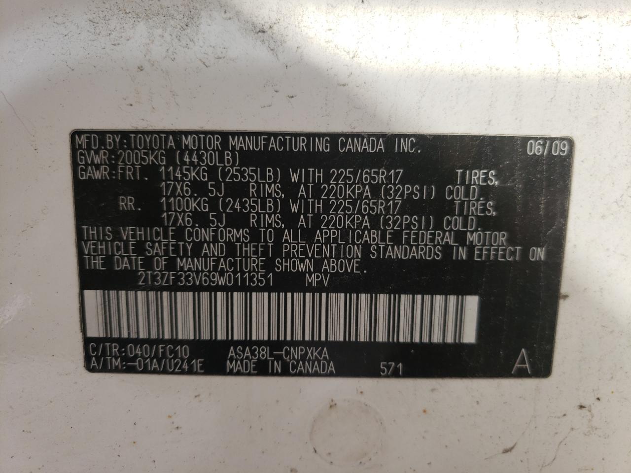 Photo 10 from auction – 2009 TOYOTA RAV4 with VIN 2T3ZF33V69W011351