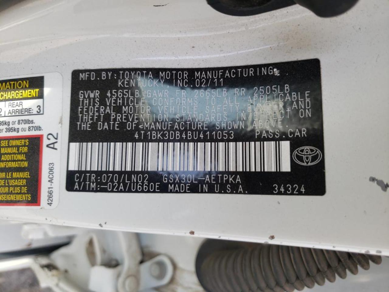 Photo 10 from auction – 2011 TOYOTA AVALON BAS with VIN 4T1BK3DB4BU411053