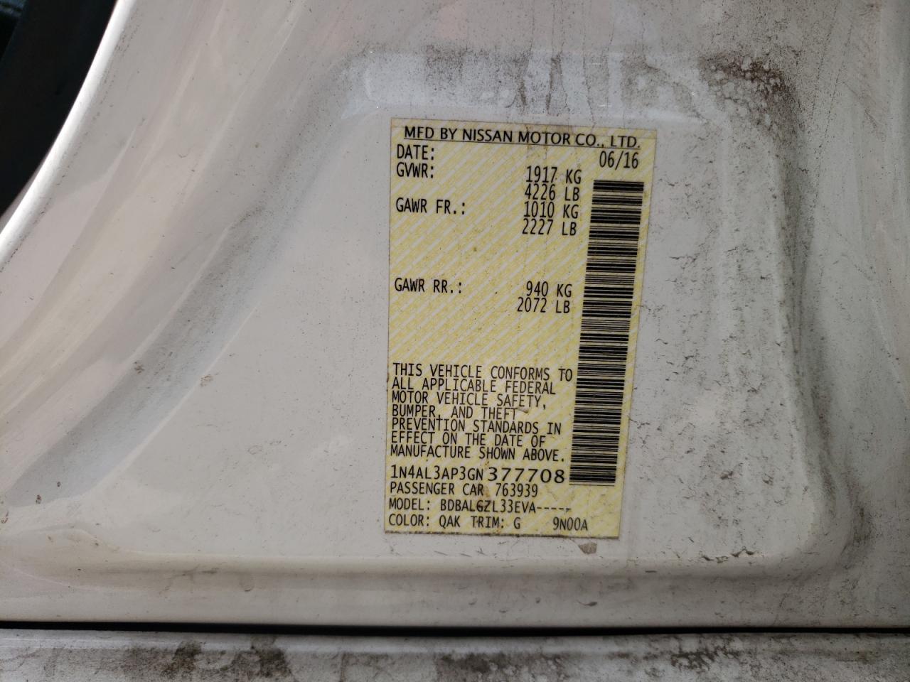 Photo 10 from auction – 2016 NISSAN ALTIMA 2.5 with VIN 1N4AL3AP3GN377708