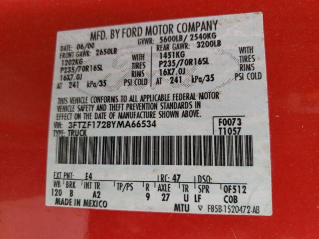 Photo 10 from auction – 2000 FORD F150 with VIN 3FTZF1728YMA66534