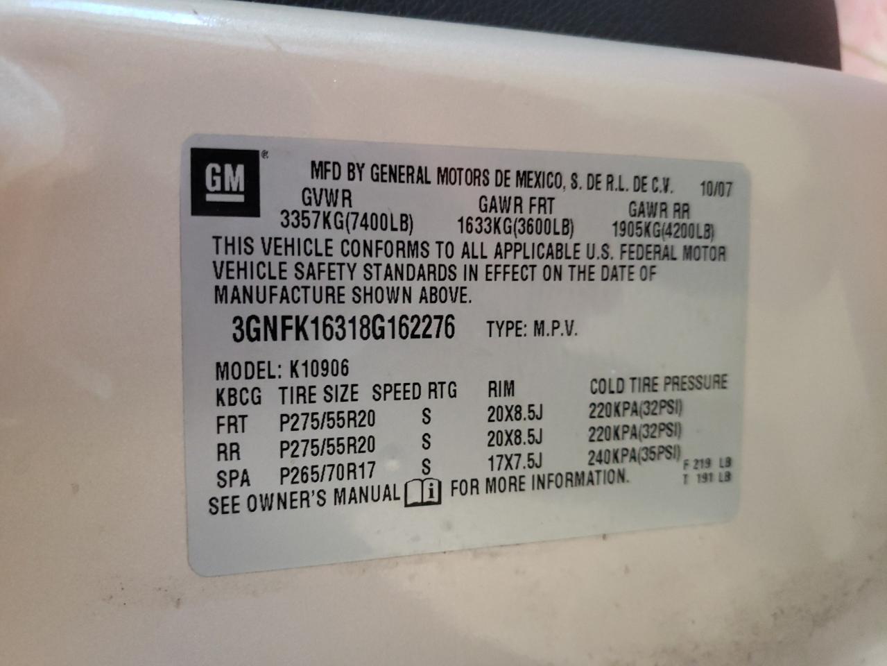 Photo 10 from auction – 2008 CHEVROLET SUBURBAN K with VIN 3GNFK16318G162276
