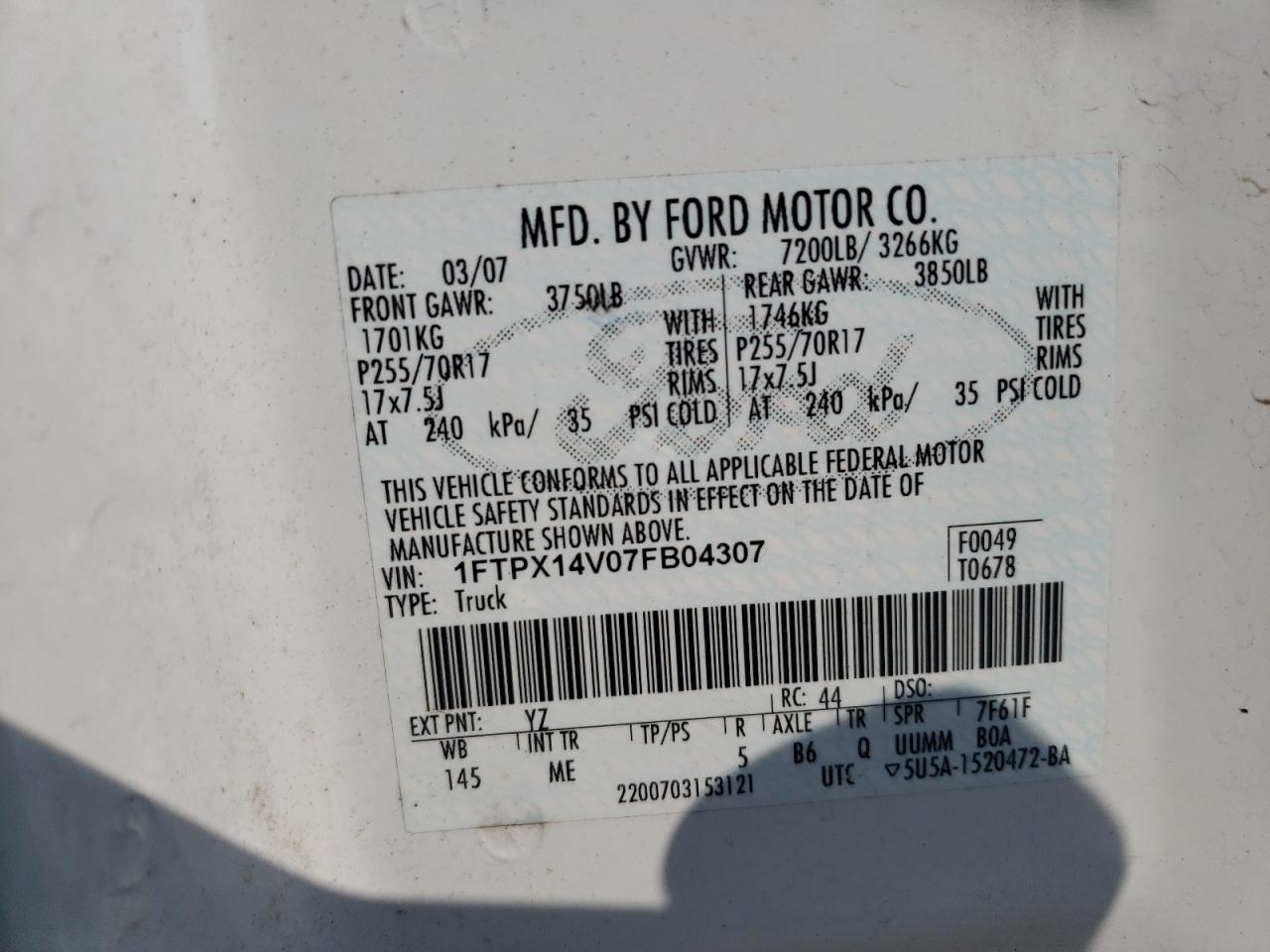 Photo 10 from auction – 2007 FORD F150 with VIN 1FTPX14V07FB04307