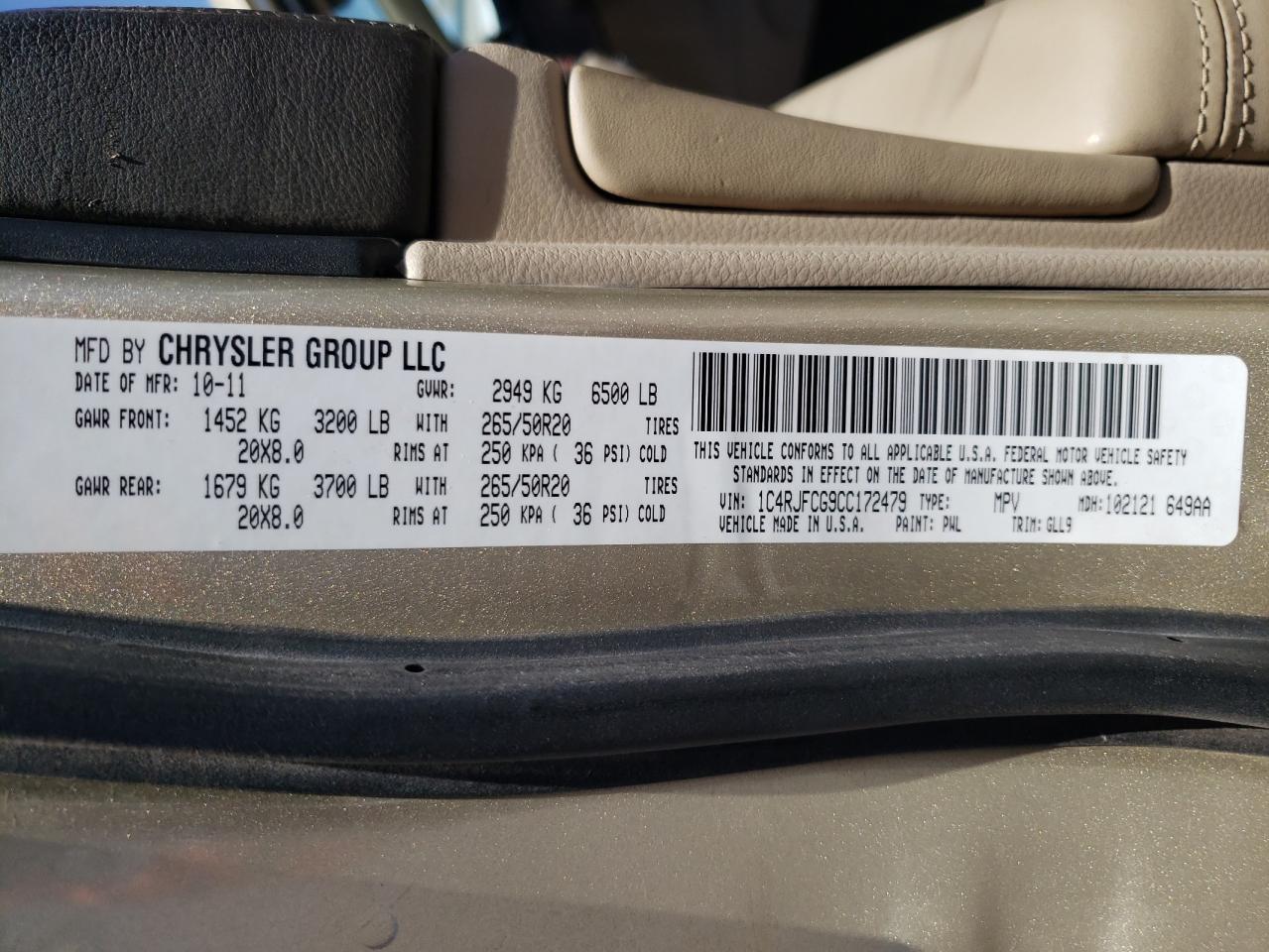 Photo 10 from auction – 2012 JEEP GRAND CHER with VIN 1C4RJFCG9CC172479