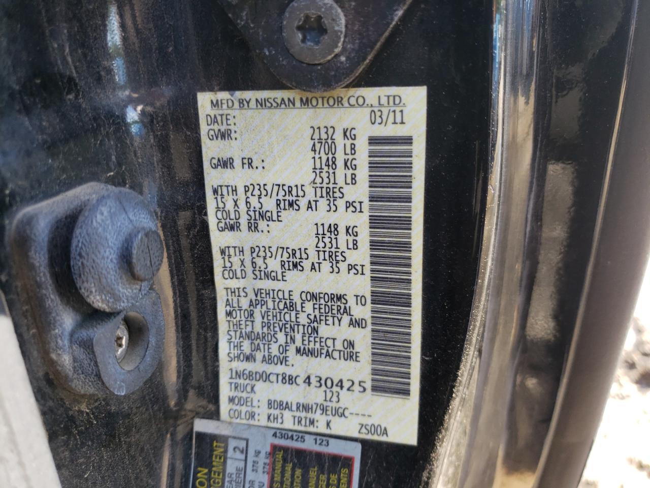 Photo 10 from auction – 2011 NISSAN FRONTIER S with VIN 1N6BD0CT8BC430425