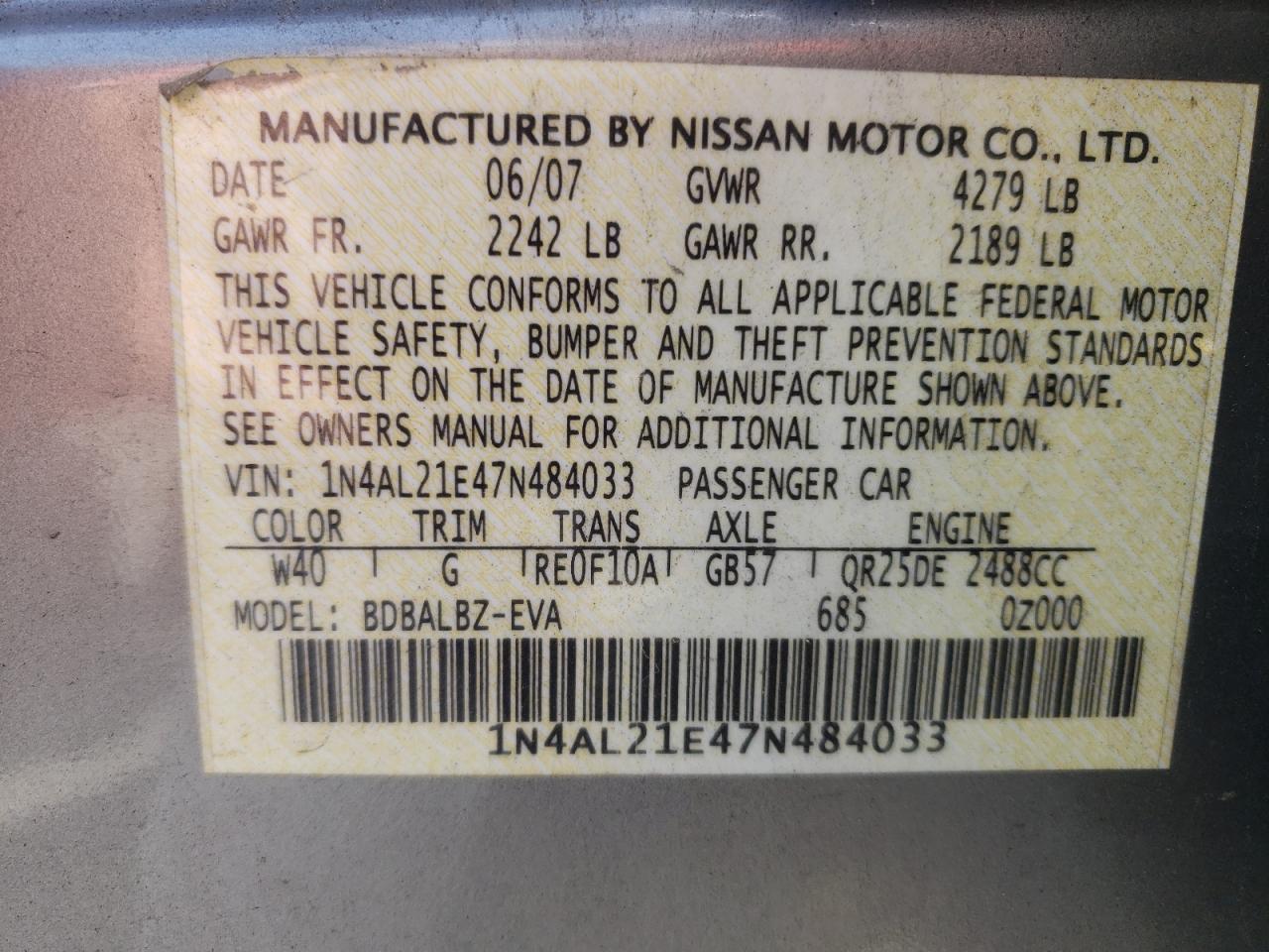 Photo 10 from auction – 2007 NISSAN ALTIMA 2.5 with VIN 1N4AL21E47N484033