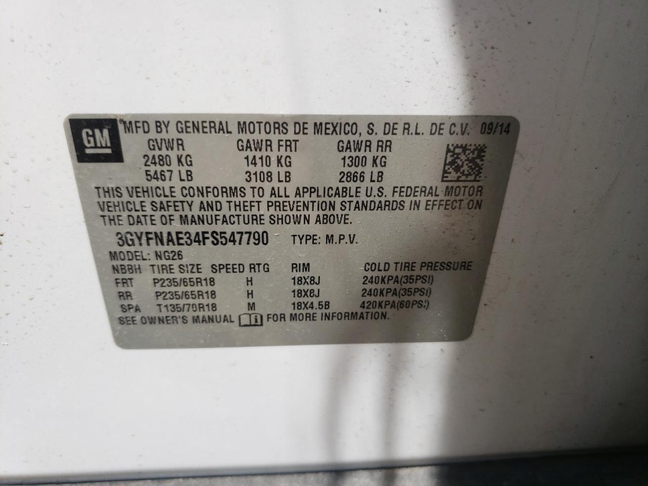 Photo 10 from auction – 2015 CADILLAC SRX with VIN 3GYFNAE34FS547790