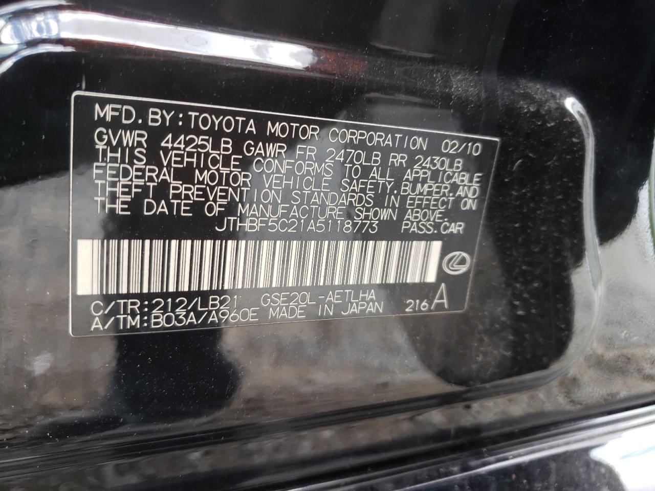 Photo 10 from auction – 2010 LEXUS IS 250 with VIN JTHBF5C21A5118773