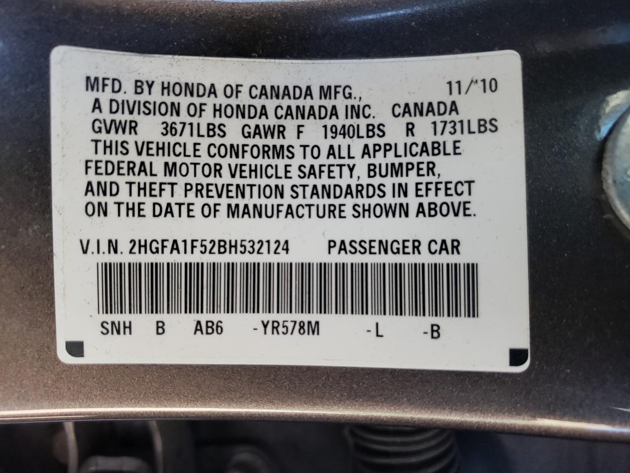 Photo 10 from auction – 2011 HONDA CIVIC LX with VIN 2HGFA1F52BH532124