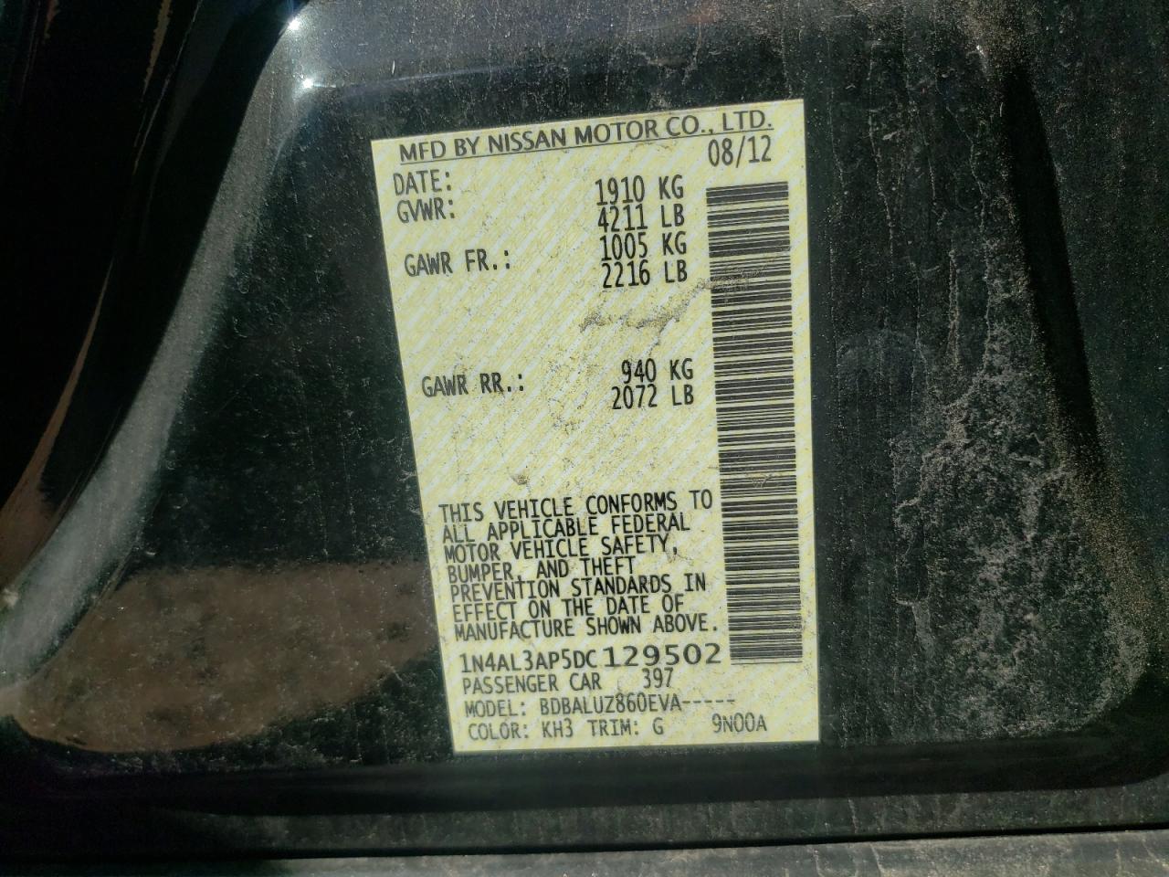 Photo 10 from auction – 2013 NISSAN ALTIMA 2.5 with VIN 1N4AL3AP5DC129502