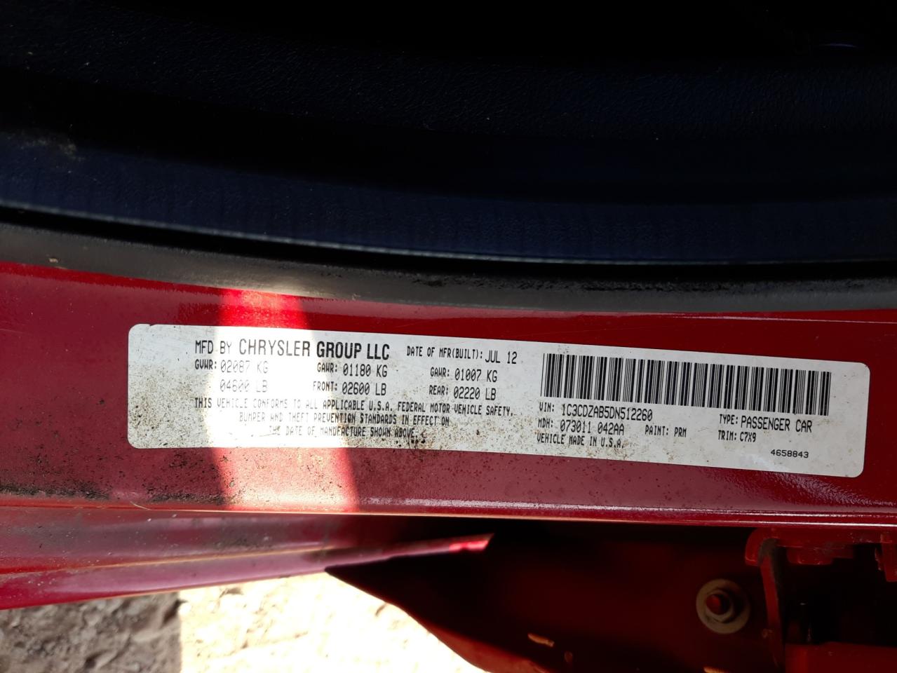 Photo 10 from auction – 2013 DODGE AVENGER SE with VIN 1C3CDZAB5DN512260
