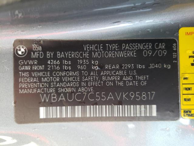 Photo 10 from auction – 2010 BMW 135 I with VIN WBAUC7C55AVK95817