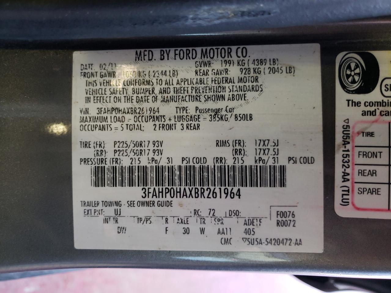 Photo 10 from auction – 2011 FORD FUSION SE with VIN 3FAHP0HAXBR261964