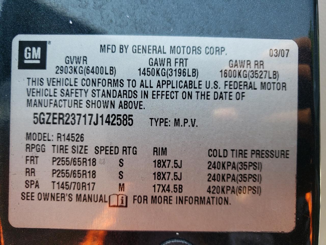 Photo 10 from auction – 2007 SATURN OUTLOOK XR with VIN 5GZER23717J142585