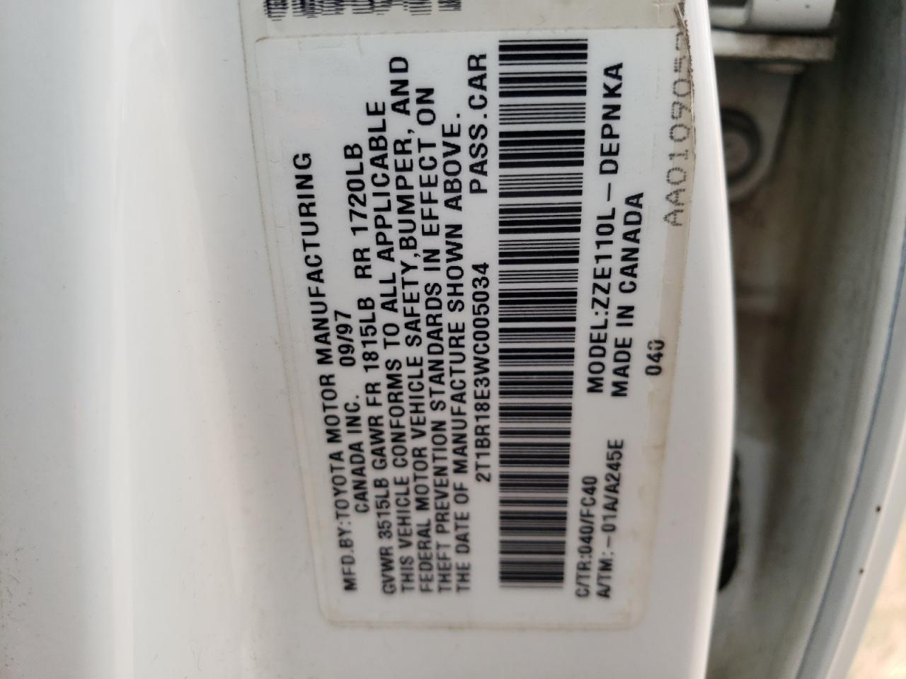 Photo 10 from auction – 1998 TOYOTA COROLLA VE with VIN 2T1BR18E3WC005034
