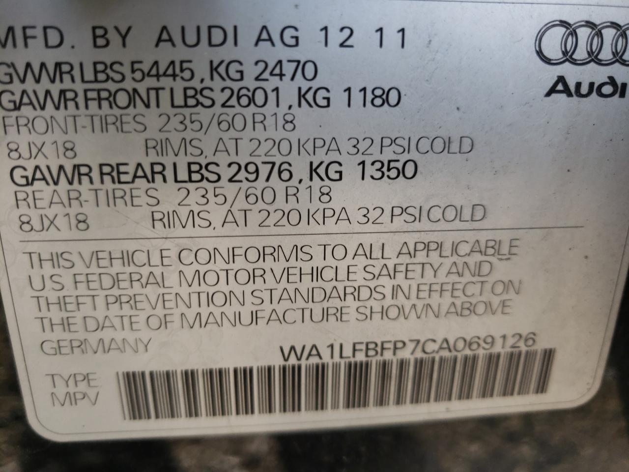 Photo 10 from auction – 2012 AUDI Q5 PREMIUM with VIN WA1LFBFP7CA069126