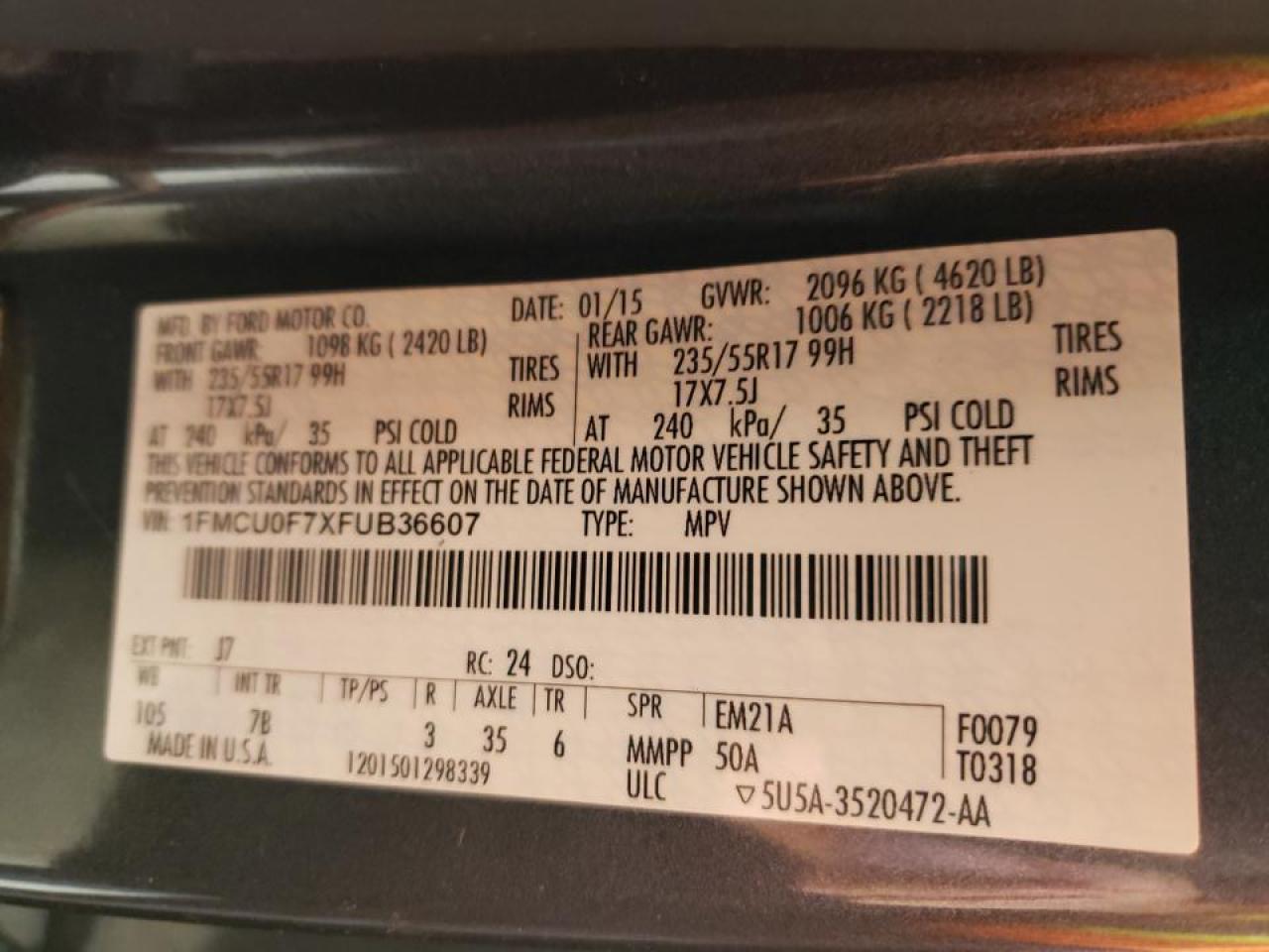Photo 10 from auction – 2015 FORD ESCAPE S with VIN 1FMCU0F7XFUB36607