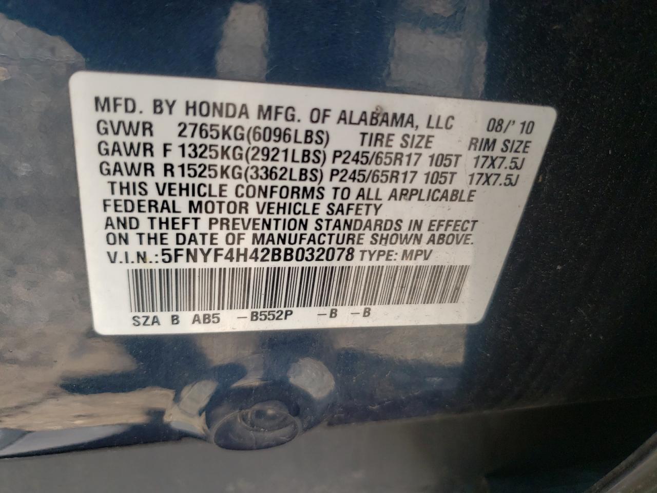 Photo 10 from auction – 2011 HONDA PILOT EX with VIN 5FNYF4H42BB032078
