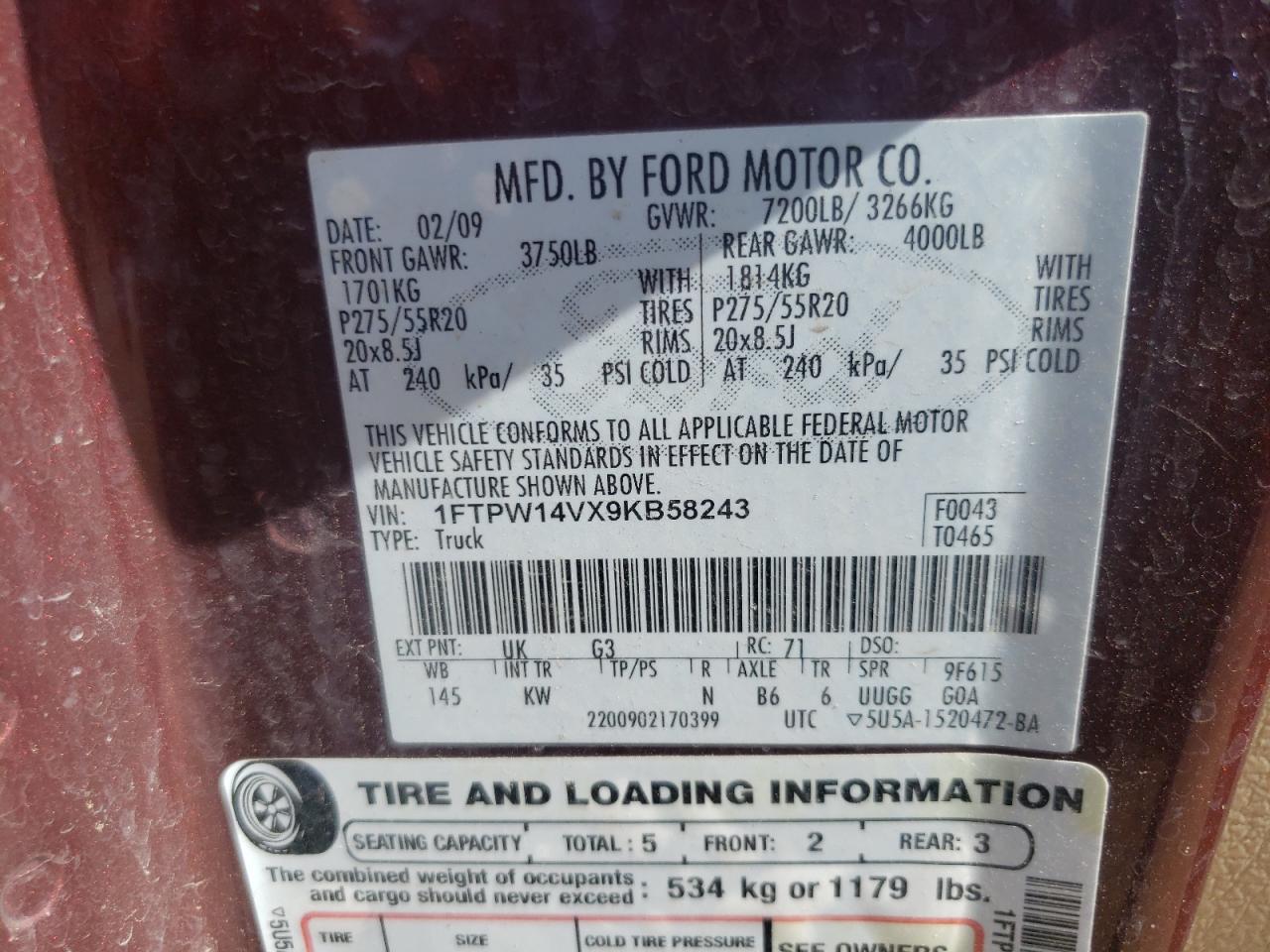 Photo 10 from auction – 2009 FORD F150 SUPER with VIN 1FTPW14VX9KB58243