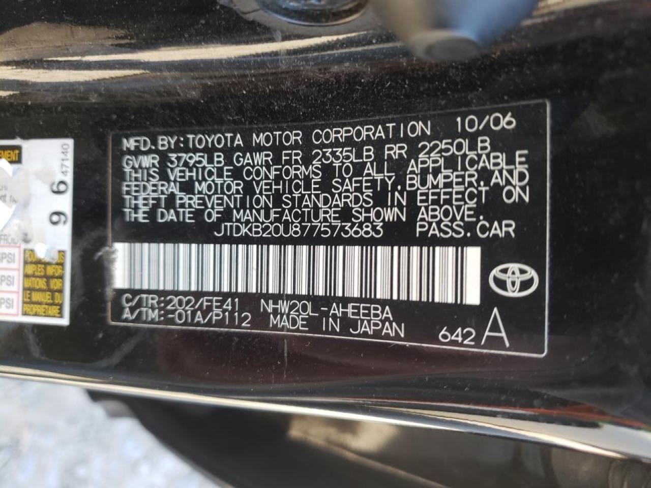 Photo 10 from auction – 2007 TOYOTA PRIUS with VIN JTDKB20U877573683