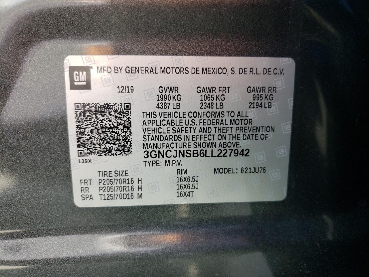 Photo 10 from auction – 2020 CHEVROLET TRAX LS with VIN 3GNCJNSB6LL227942