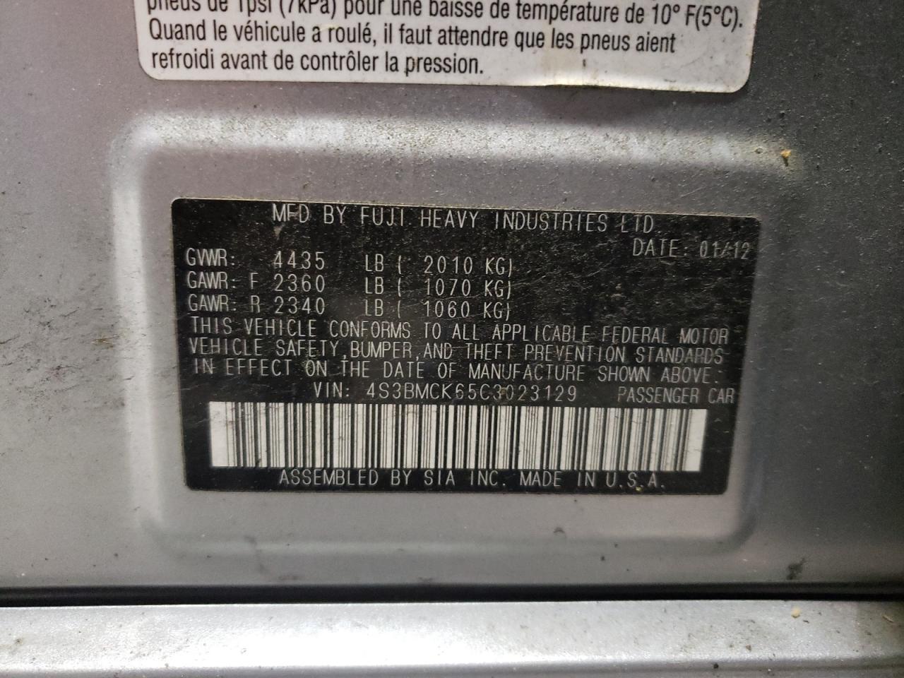 Photo 10 from auction – 2012 SUBARU LEGACY 2.5 with VIN 4S3BMCK65C3023129