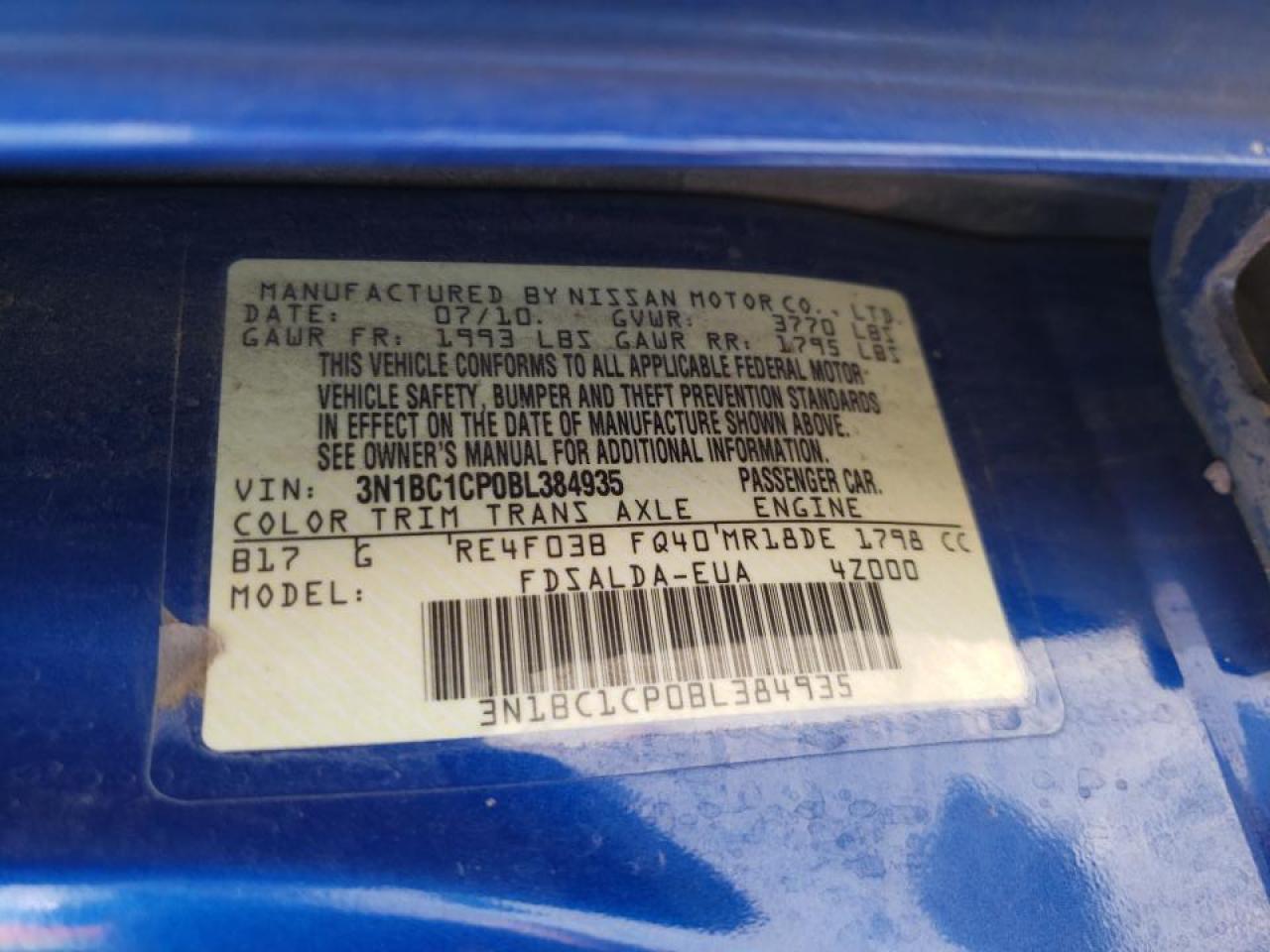 Photo 10 from auction – 2011 NISSAN VERSA S with VIN 3N1BC1CP0BL384935