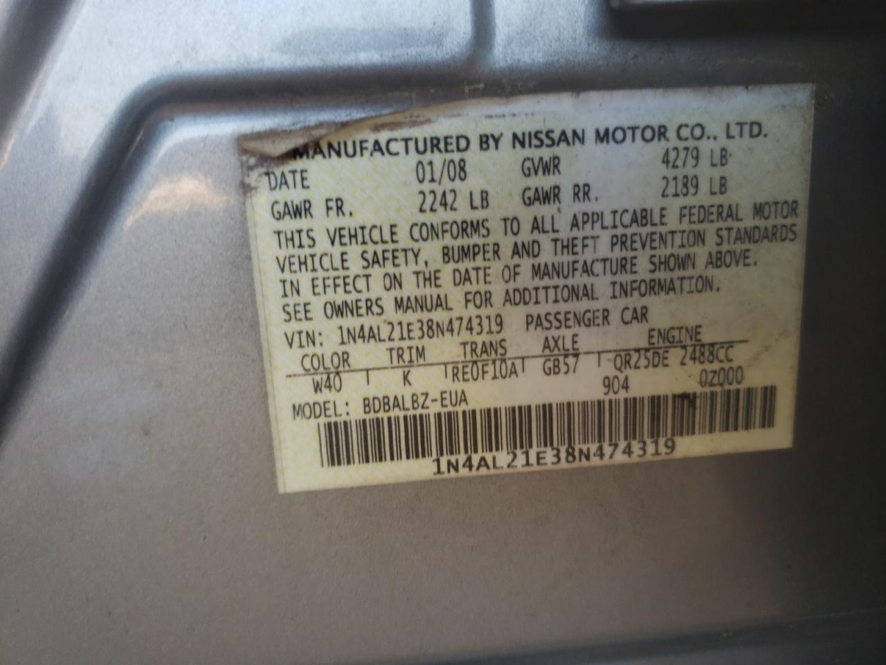 Photo 10 from auction – 2008 NISSAN ALTIMA 2.5 with VIN 1N4AL21E38N474319