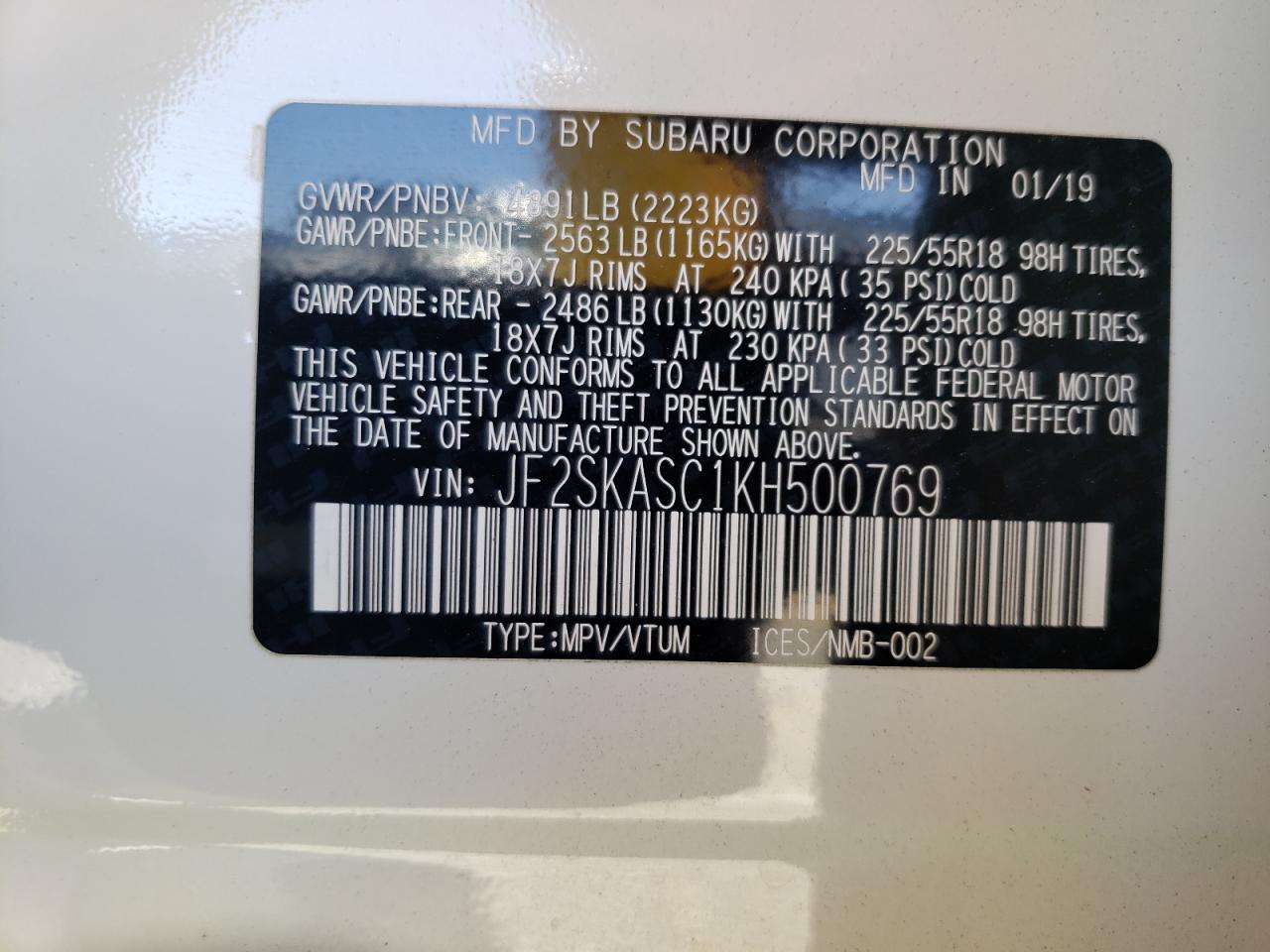 Zdjęcie 10 z aukcji – 2019 SUBARU FORESTER L z VIN JF2SKASC1KH500769