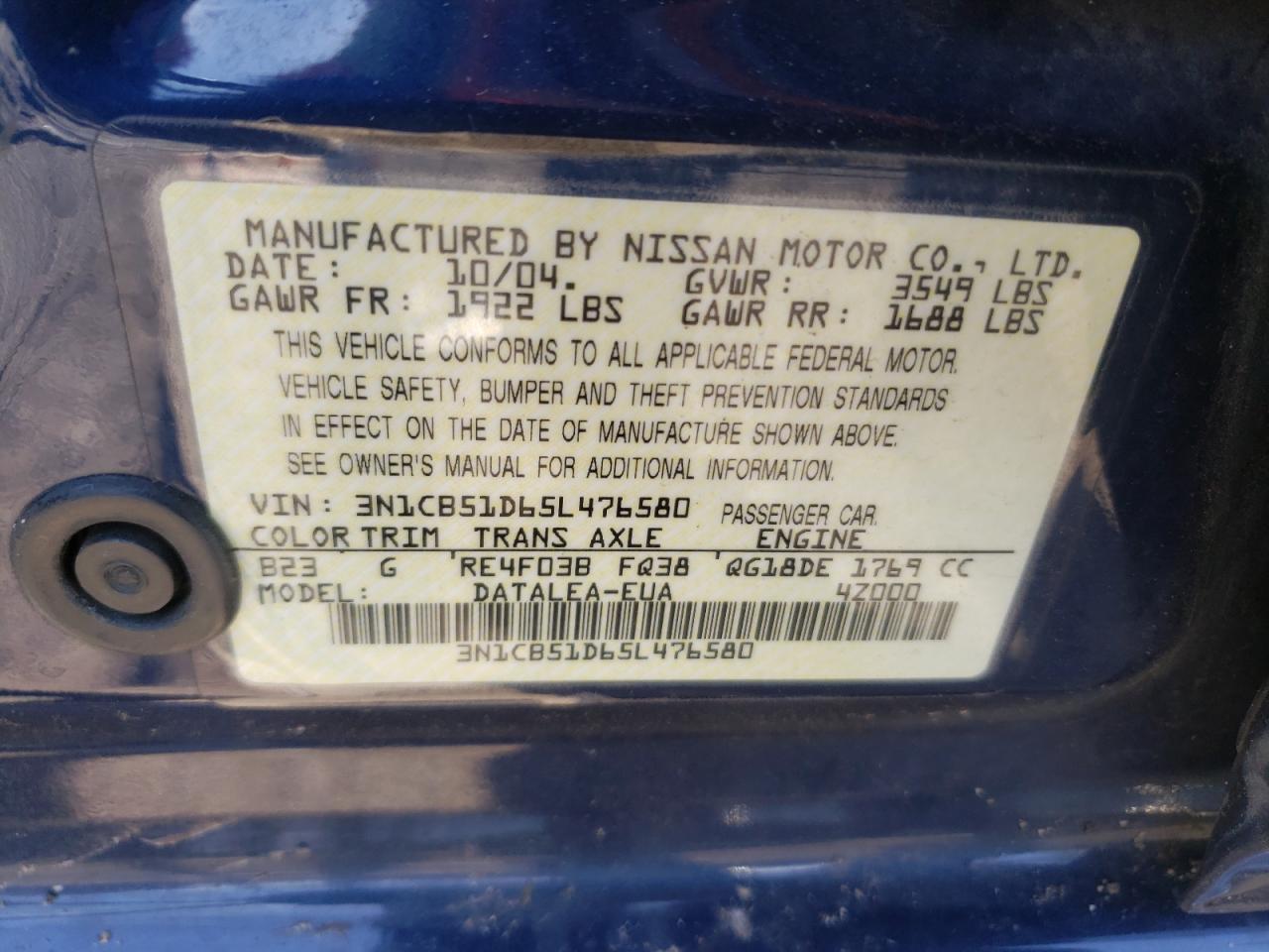 Photo 10 from auction – 2005 NISSAN SENTRA 1.8 with VIN 3N1CB51D65L476580