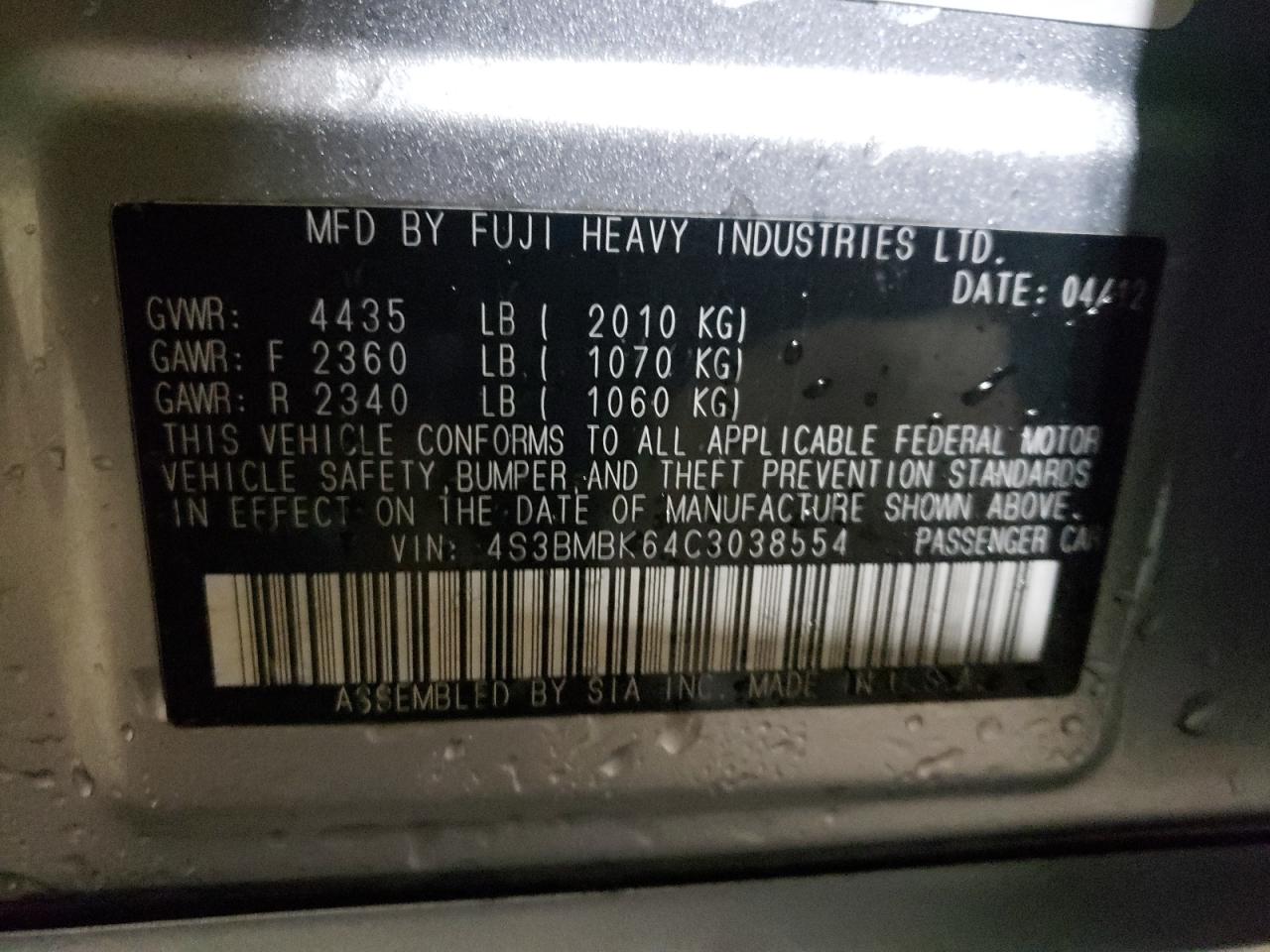 Photo 10 from auction – 2012 SUBARU LEGACY 2.5 with VIN 4S3BMBK64C3038554