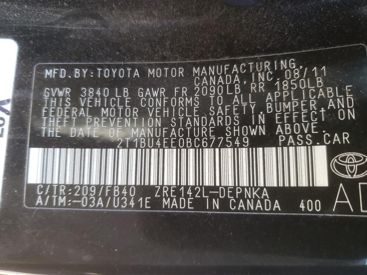 Photo 10 from auction – 2011 TOYOTA COROLLA BA with VIN 2T1BU4EE0BC677549