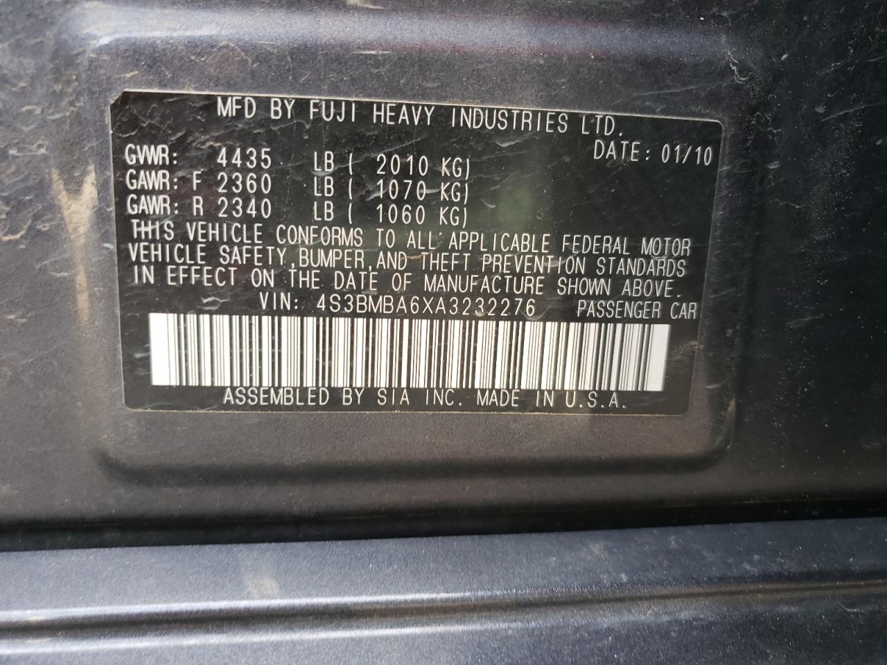 Photo 10 from auction – 2010 SUBARU LEGACY 2.5 with VIN 4S3BMBA6XA3232276