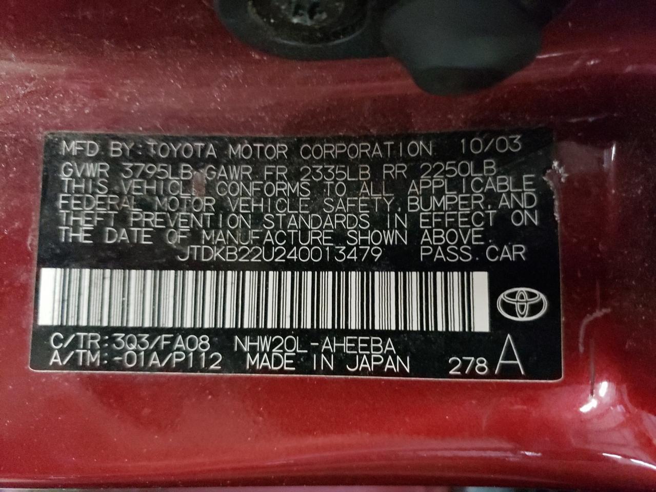 Photo 10 from auction – 2004 TOYOTA PRIUS with VIN JTDKB22U240013479