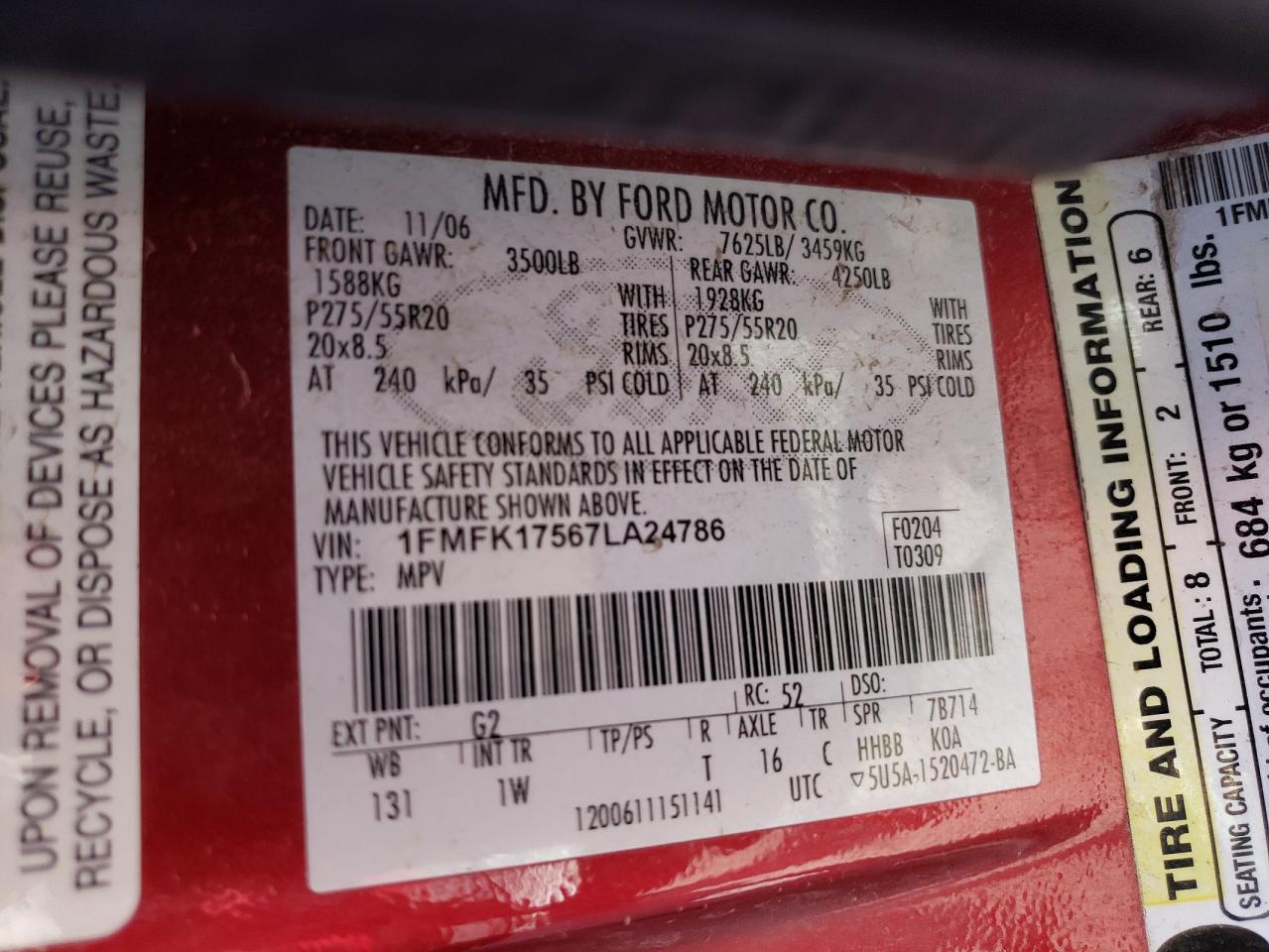Photo 10 from auction – 2007 FORD EXPEDITION with VIN 1FMFK17567LA24786