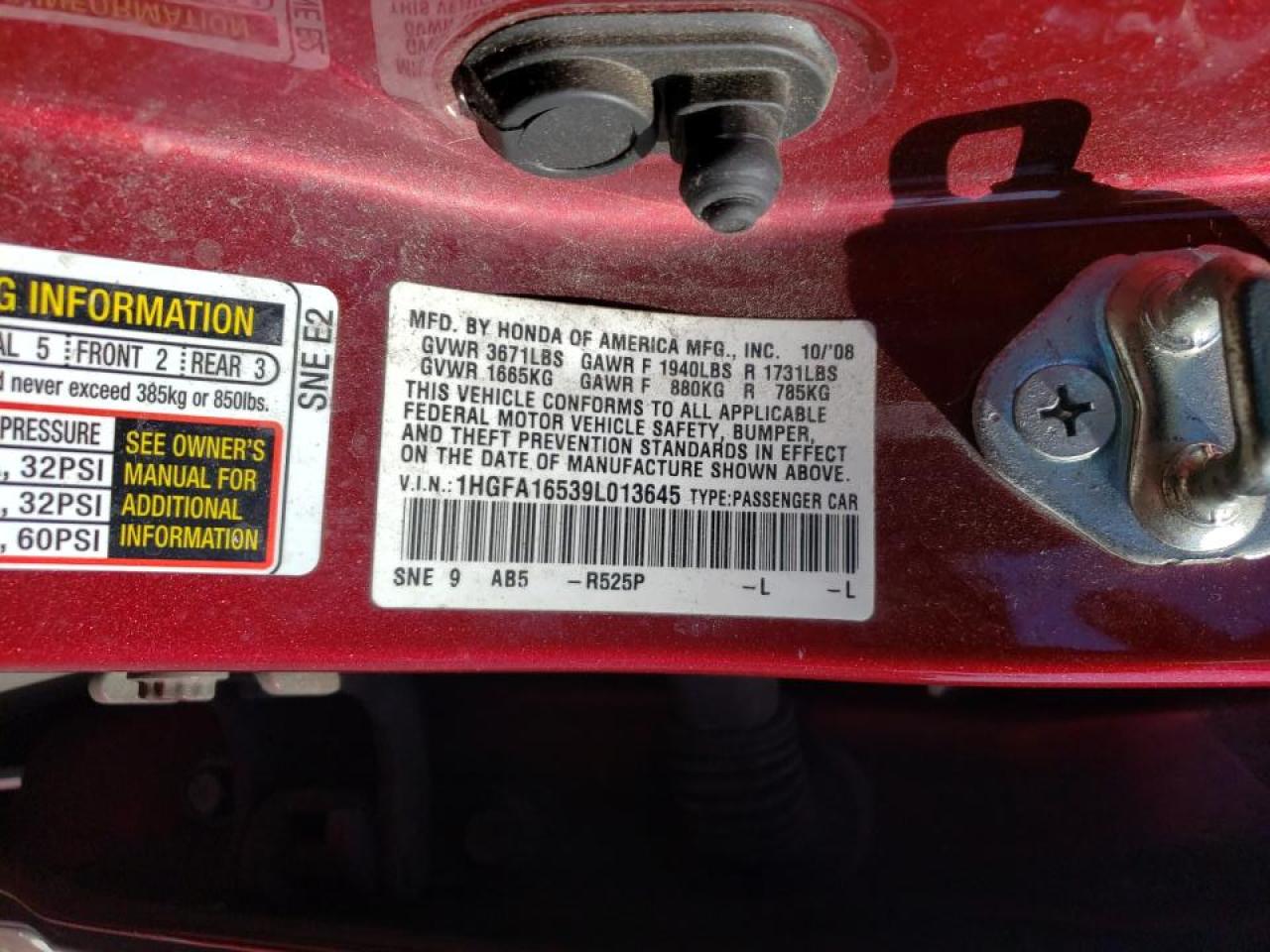 Photo 10 from auction – 2009 HONDA CIVIC with VIN 1HGFA16539L013645