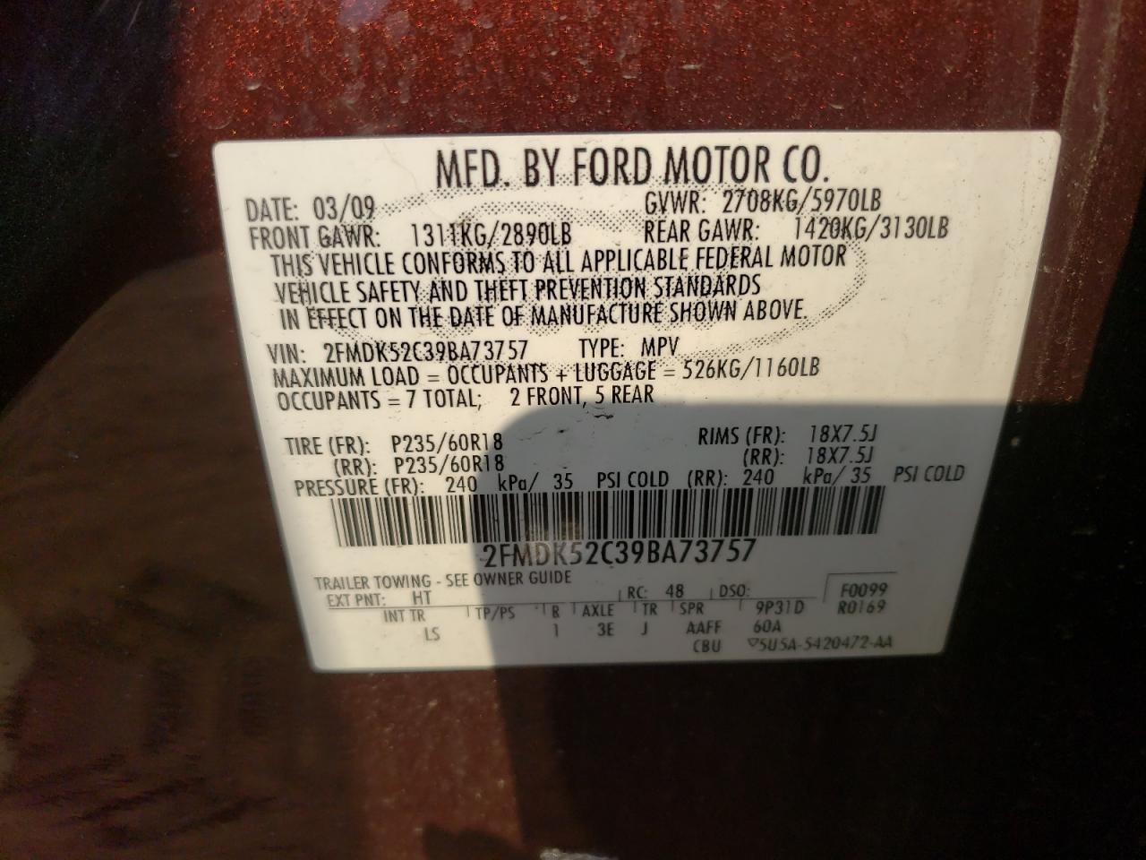 Photo 10 from auction – 2009 FORD FLEX SEL with VIN 2FMDK52C39BA73757