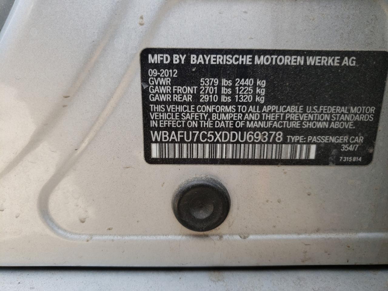 Photo 10 from auction – 2013 BMW 535 XI with VIN WBAFU7C5XDDU69378