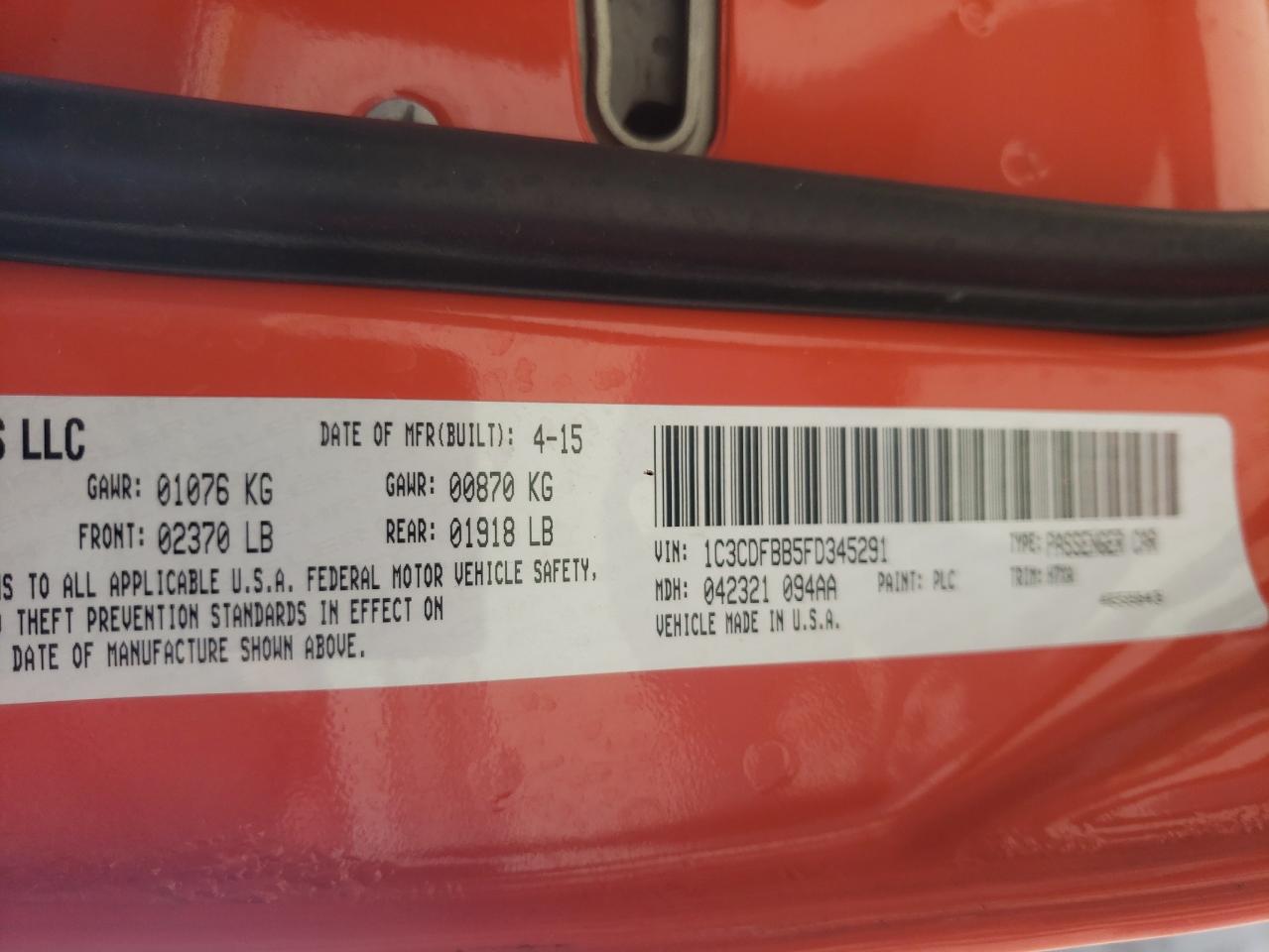 Photo 10 from auction – 2015 DODGE DART SXT with VIN 1C3CDFBB5FD345291
