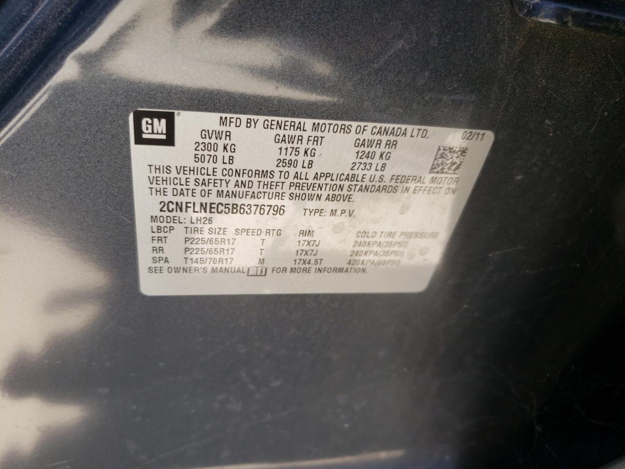 Photo 10 from auction – 2011 CHEVROLET EQUINOX LT with VIN 2CNFLNEC5B6376796