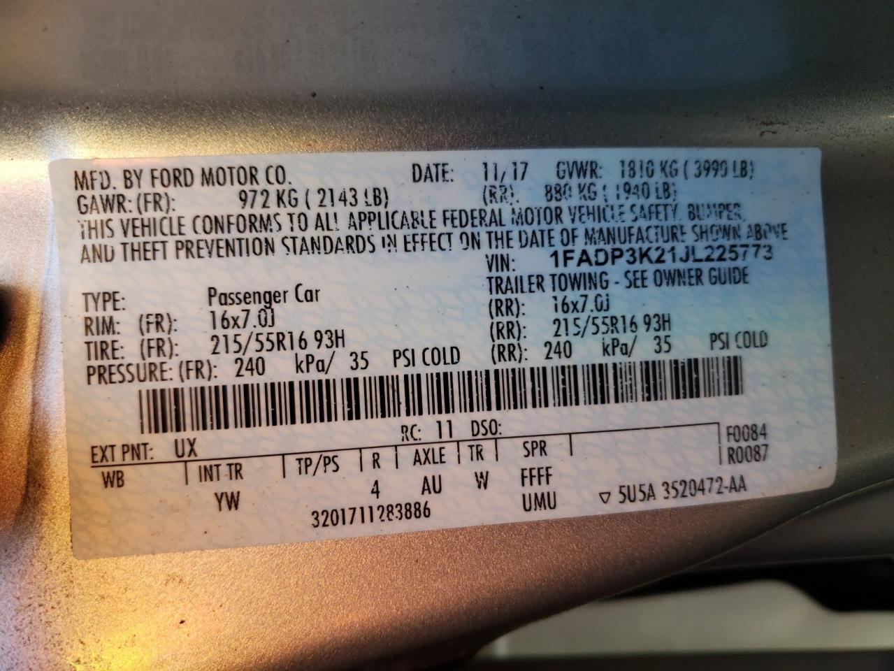 Photo 10 from auction – 2018 FORD FOCUS SE with VIN 1FADP3K21JL225773