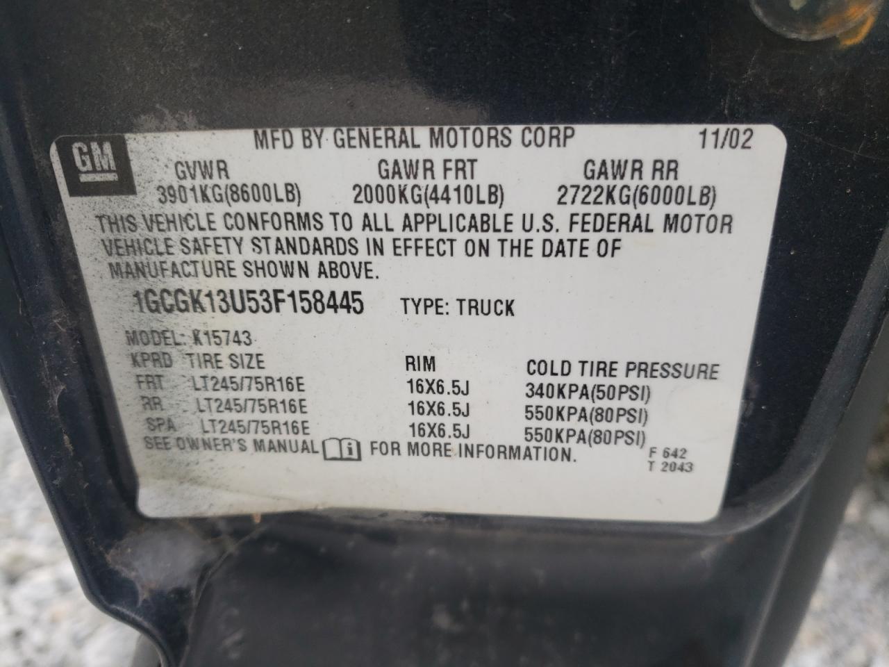 Photo 10 from auction – 2003 CHEVROLET SILVERADO with VIN 1GCGK13U53F158445