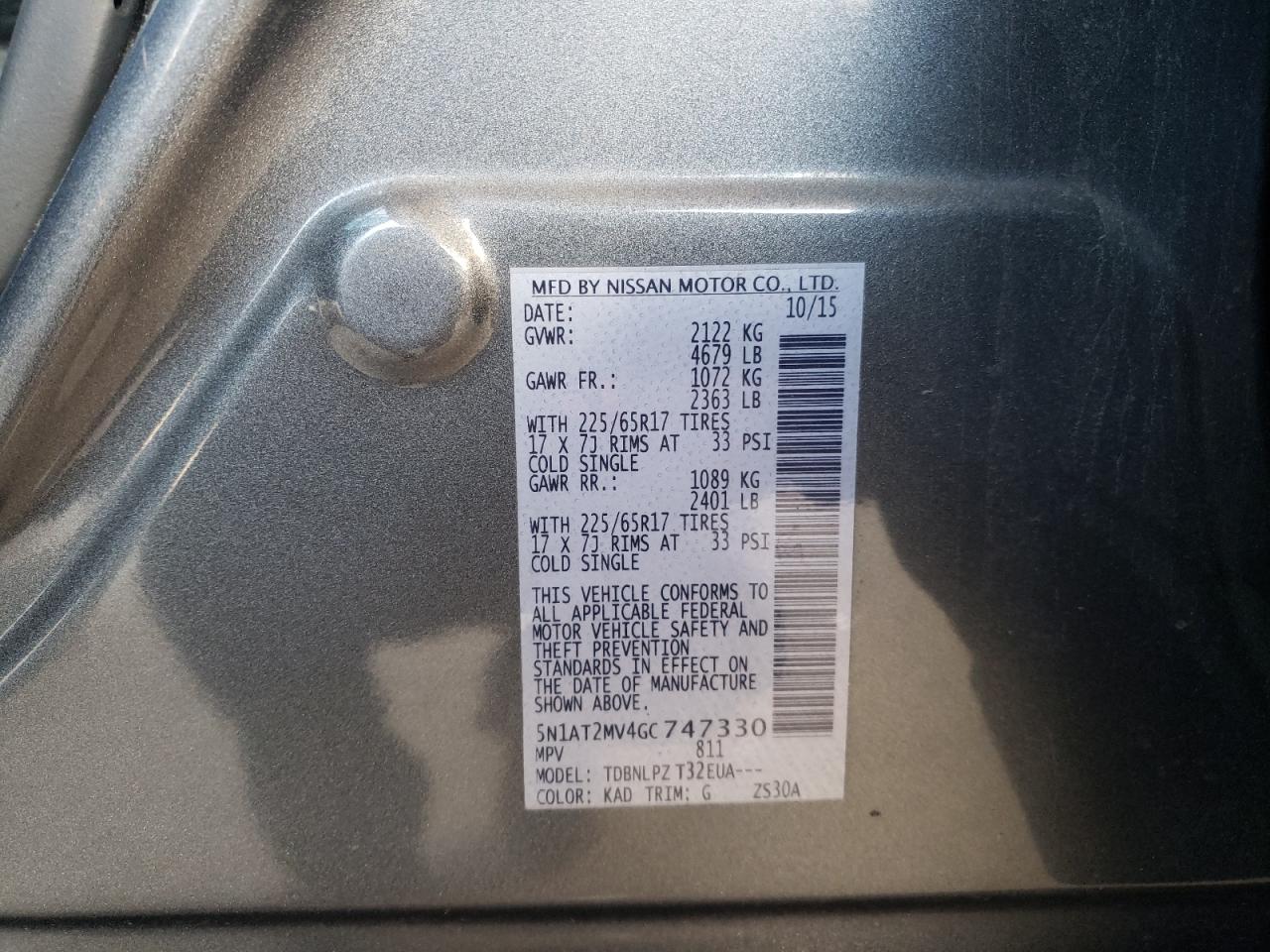 Photo 11 from auction – 2016 NISSAN ROGUE S with VIN 5N1AT2MV4GC747330