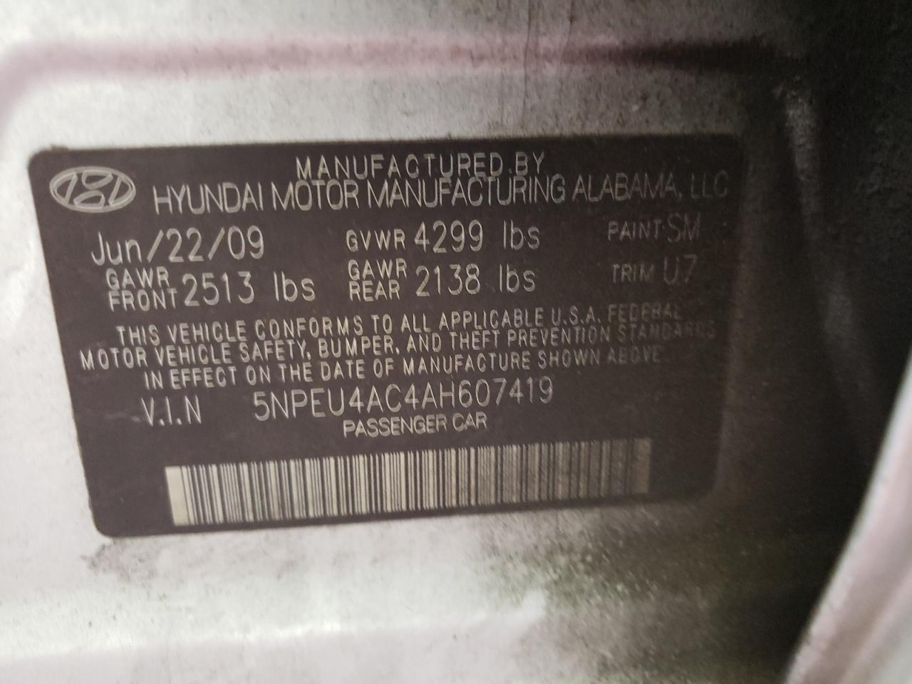 Photo 10 from auction – 2010 HYUNDAI SONATA SE with VIN 5NPEU4AC4AH607419