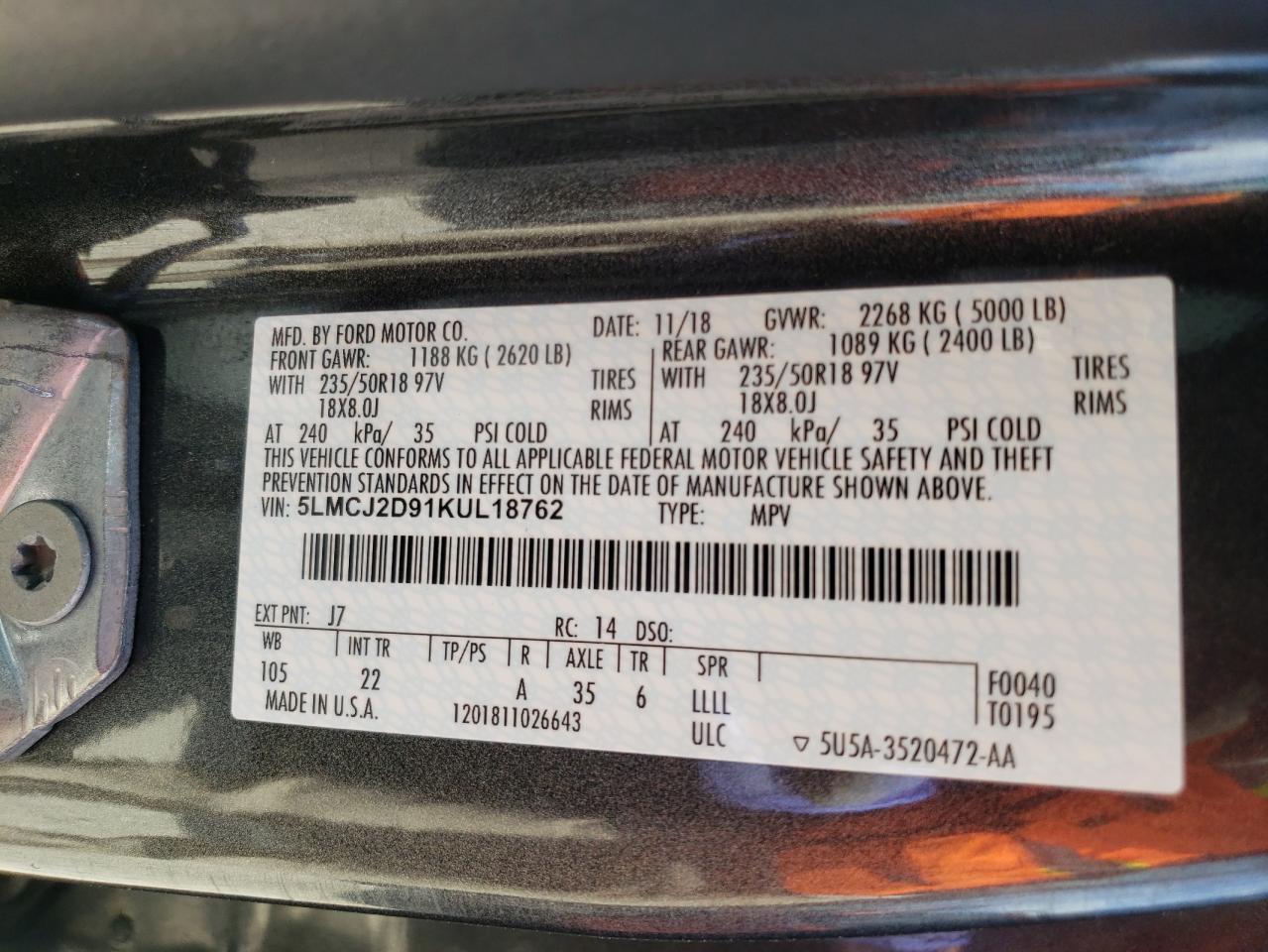 Photo 10 from auction – 2019 LINCOLN MKC SELECT with VIN 5LMCJ2D91KUL18762